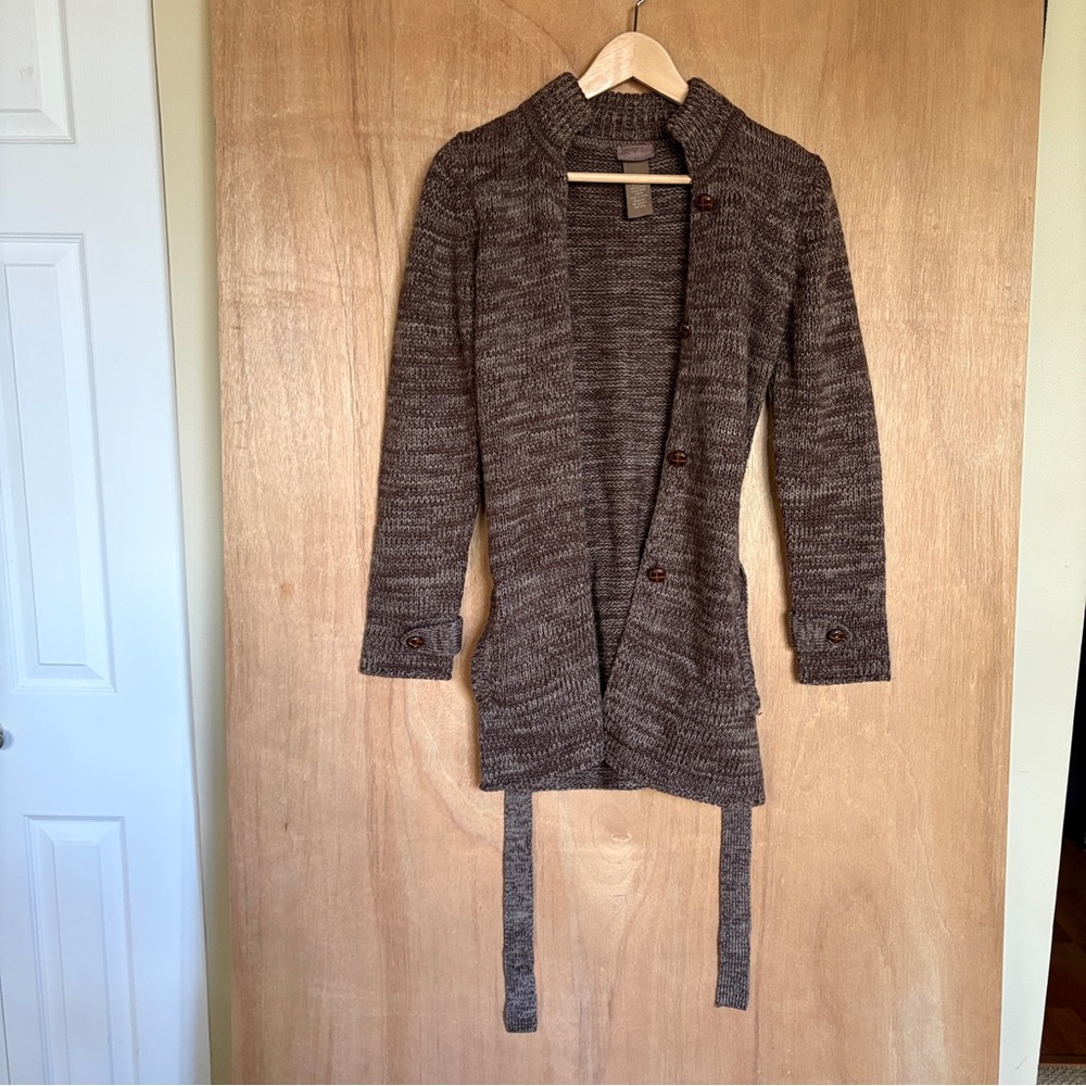 Y2K Daytrip The Buckle Heather Brown Button Down Belted Fall Cardigan Pockets M
